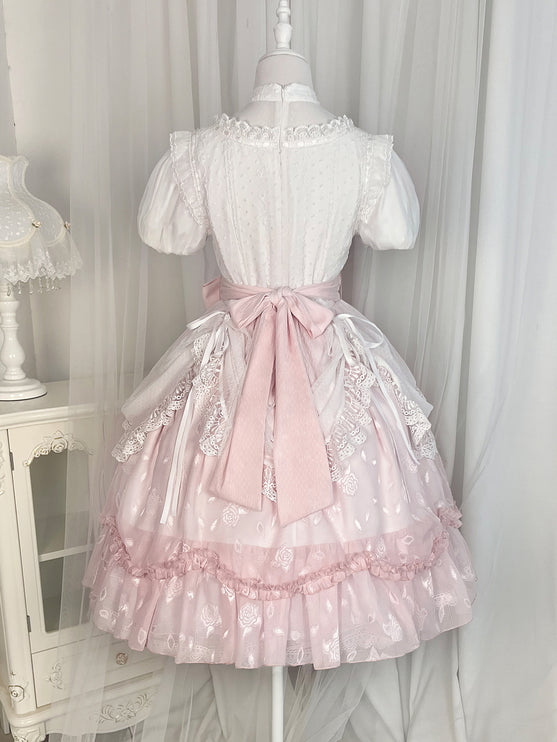 Elegant Pink and White Lace Lolita Dress with Puffed Sleeves and Ruffled Skirt