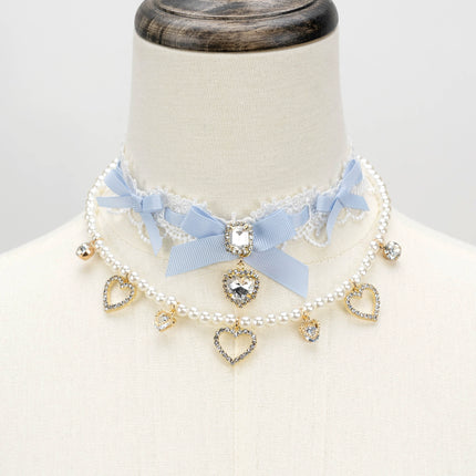 Edgy Punk Style Elaborate Double-Layer Necklace with Pearls and Gemstone Choker Lolita Collarbone Chain