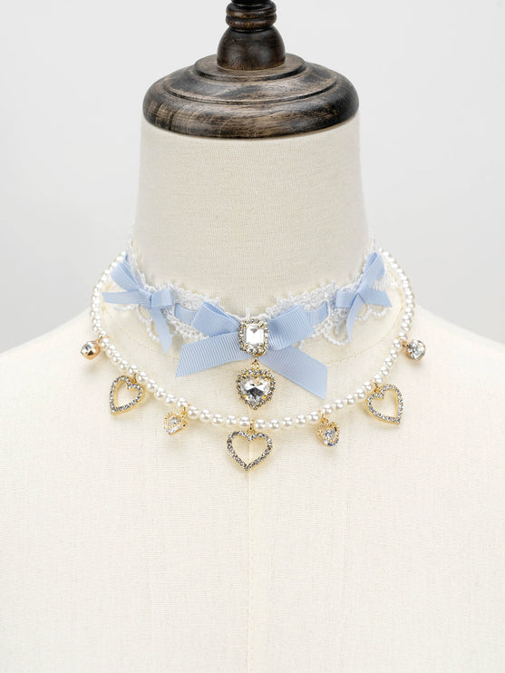 Edgy Punk Style Elaborate Double-Layer Necklace with Pearls and Gemstone Choker Lolita Collarbone Chain