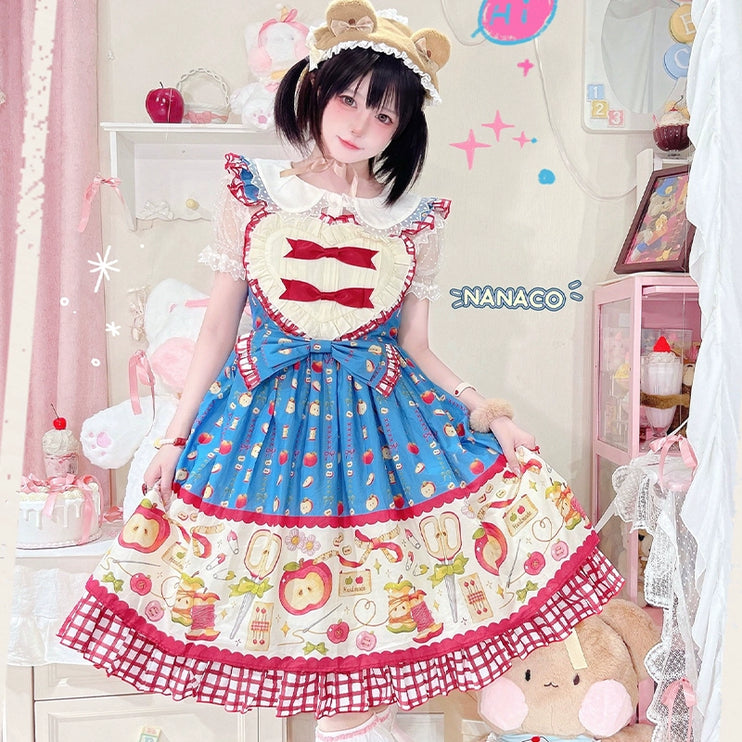 Apple Seamstress Lolita JSK – Heart Bib Sweet Style Dress with Gingham Accents