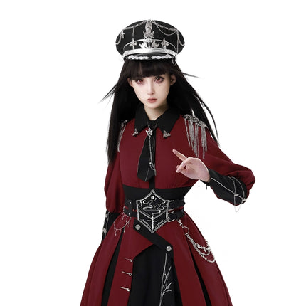 Gothic Military Lolita OP Dress – Black & Red with Silver Embroider