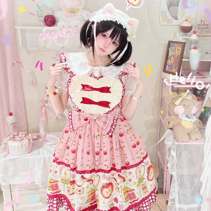 Apple Seamstress Lolita JSK – Heart Bib Sweet Style Dress with Gingham Accents