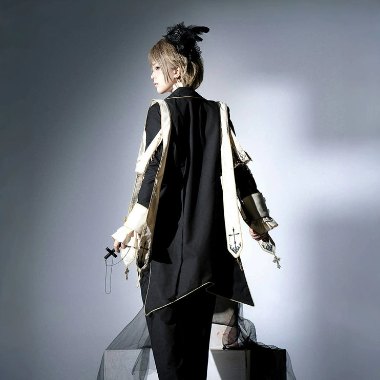 Modern Gothic Prince Suit – Courtly Black Jacket with Embroidered Sash and Ruffled Blouse