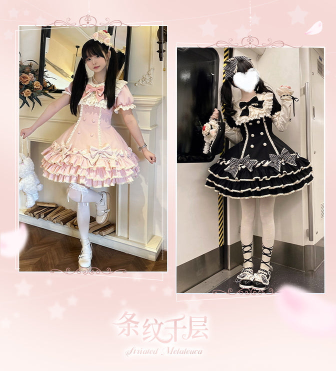 Vintage-Inspired Pink Tiered OP Lolita Dress with Striped Bows