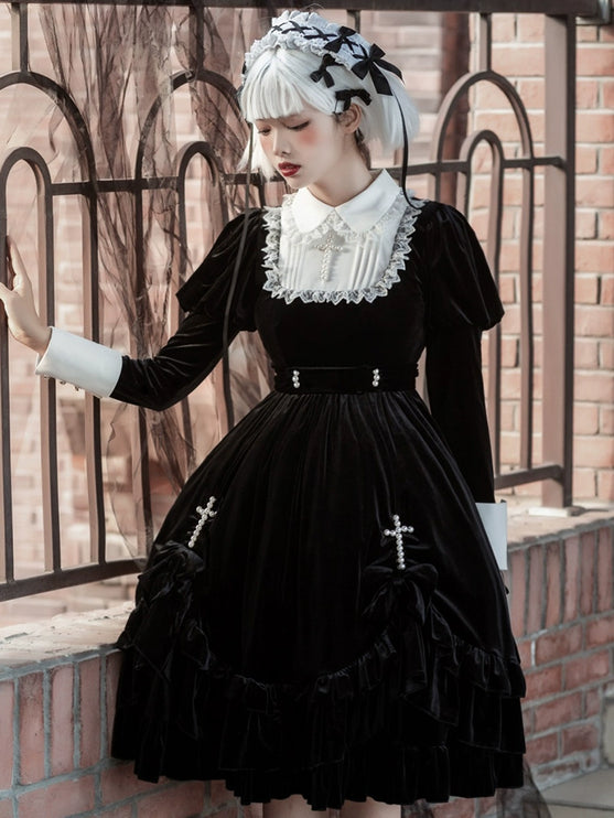 Midnight Cross Velvet Lolita Dress - Gothic OP with Pearl and Lace Accents