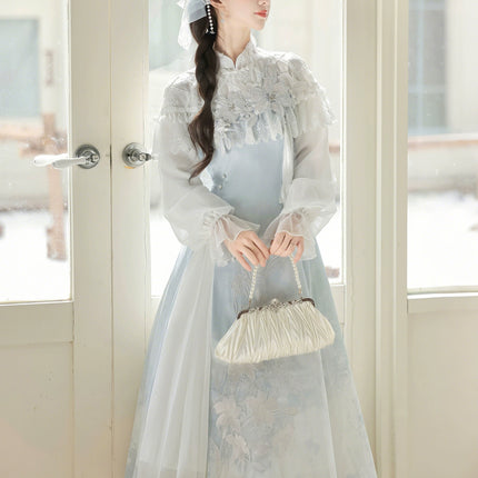 Light - blue Traditional Chinese - style Dress with Delicate Floral Embroidery and Sheer Sleeves