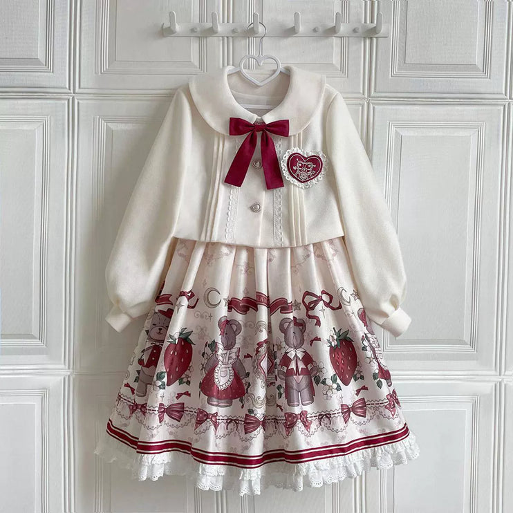 Christmas Teddy Bear Lolita JSK –New Year's Festive Strawberry Print Lolita Dress with Red Bow Accents