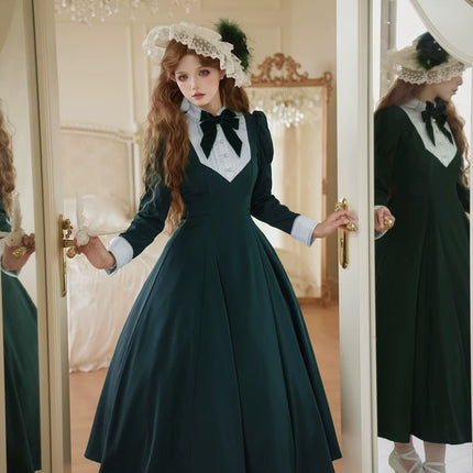 Elegant Victorian - inspired Black Dress with Bowknot and Flared Skirt
