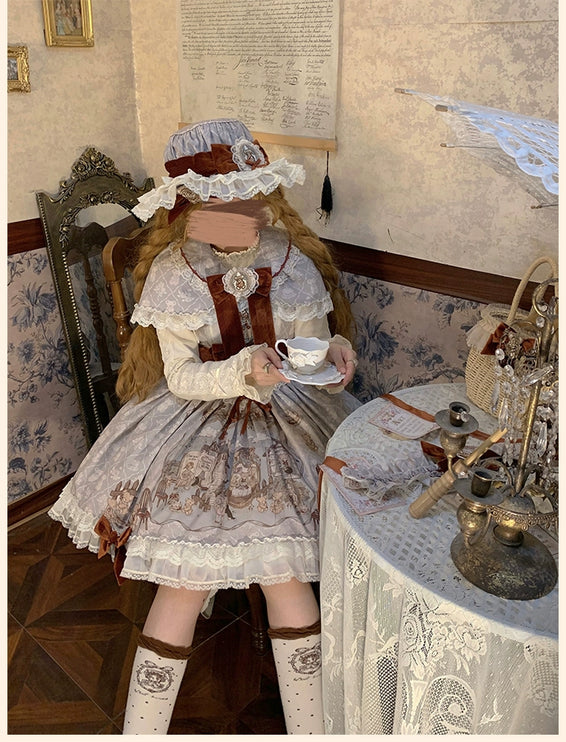 Lolita Bear Castle Doll-like True Waist JSK Jumper Dress