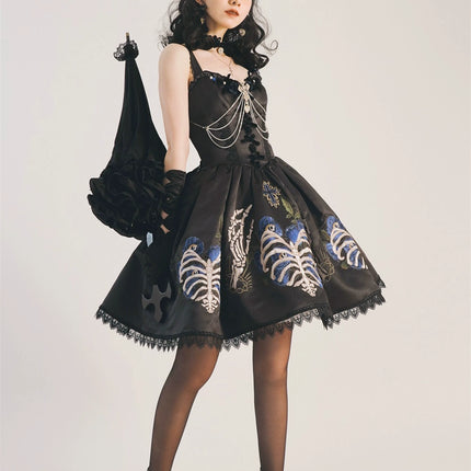 S-XL Skeleton Fishbone Skirt JSK Embroidered Beaded Dark Mysterious Dress Lolita Gown