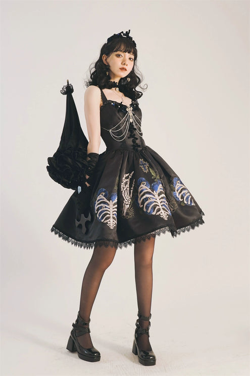 S-XL Skeleton Fishbone Skirt JSK Embroidered Beaded Dark Mysterious Dress Lolita Gown