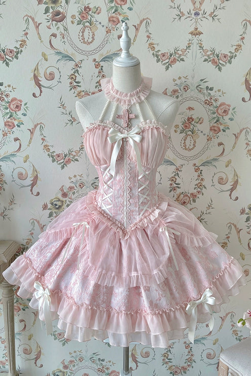 Fairy-Tale Ballet Doll Lolita Halter Dress with Corset Lace-Up and Ruffled Layers – Available in 8 Colors