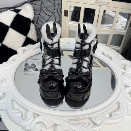 Furry - trimmed Lolita Boots with Bow - buckle and Thick Platform