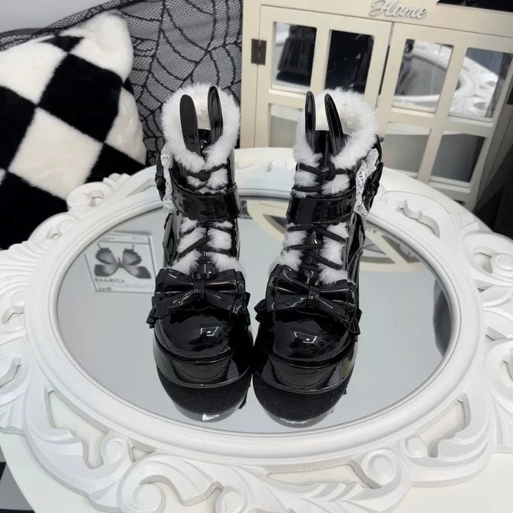 Furry - trimmed Lolita Boots with Bow - buckle and Thick Platform