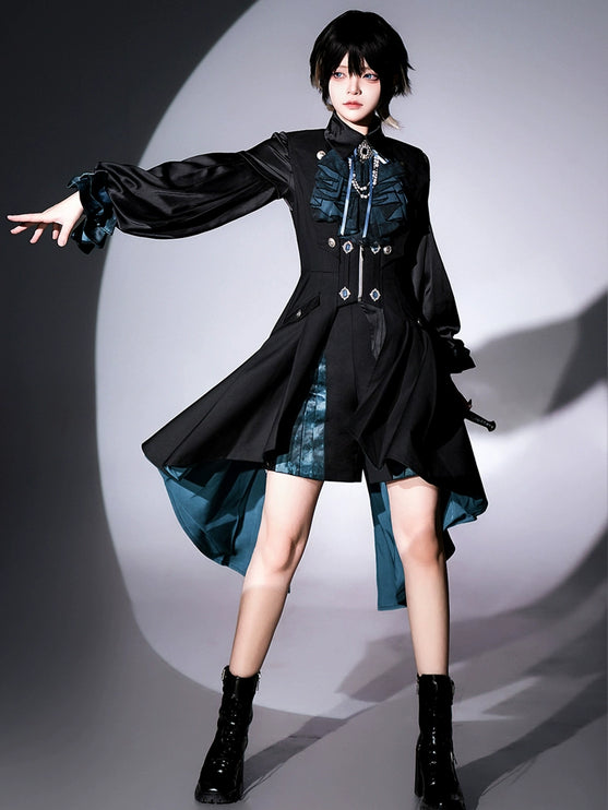 Gothic - Inspired Black and Teal Asymmetrical Long Coat with Puff Sleeves and Decorative Details