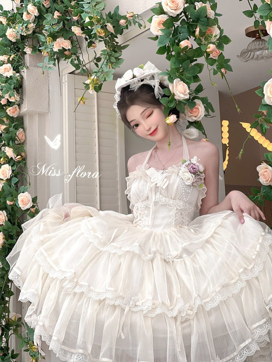 Elegant White Lolita Dress with Ruffled Skirt and Sheer Stockings