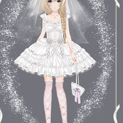 Elegant, lightweight wedding-style Lolita dress with a ballet-girl silhouette and ruffled details, inspired by cotton-candy motifs