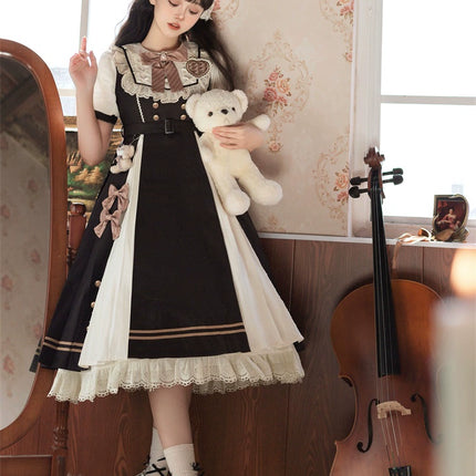 Cocoa Charm Lolita Dress - Elegant Short Sleeve OP with Striped Bow and Teddy Accent