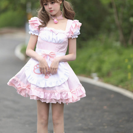 S-XXXXXL Pink Maid Cos Costume with Cat's Paw Apron OP Kitty Lolita Dress