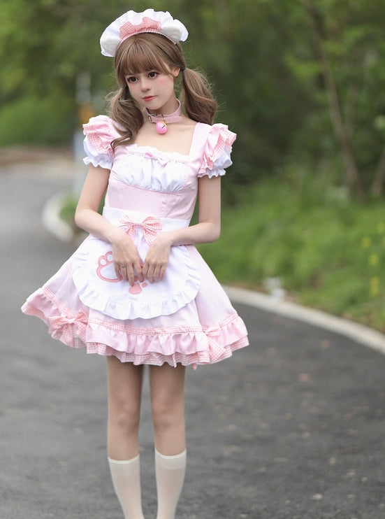 S-XXXXXL Pink Maid Cos Costume with Cat's Paw Apron OP Kitty Lolita Dress