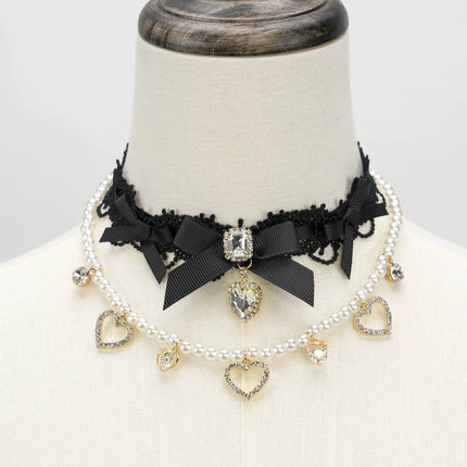 Edgy Punk Style Elaborate Double-Layer Necklace with Pearls and Gemstone Choker Lolita Collarbone Chain