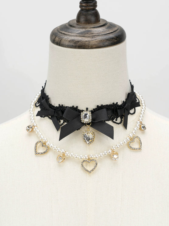 Edgy Punk Style Elaborate Double-Layer Necklace with Pearls and Gemstone Choker Lolita Collarbone Chain