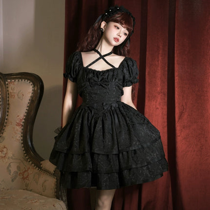 Thorn Rose Lolita Dress Short Sleeve OP Triple-Layer Puffy Skirt Red Lolita Dress