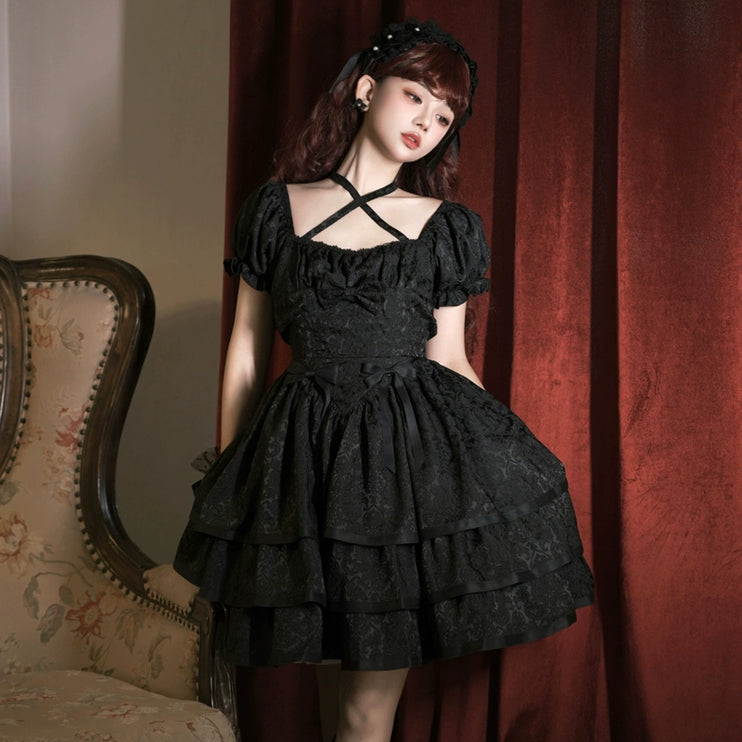 Thorn Rose Lolita Dress Short Sleeve OP Triple-Layer Puffy Skirt Red Lolita Dress