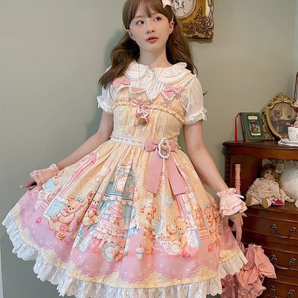 Teddy Bear's Cream Party Sweet Lolita JSK with Lace and Ribbon Accents