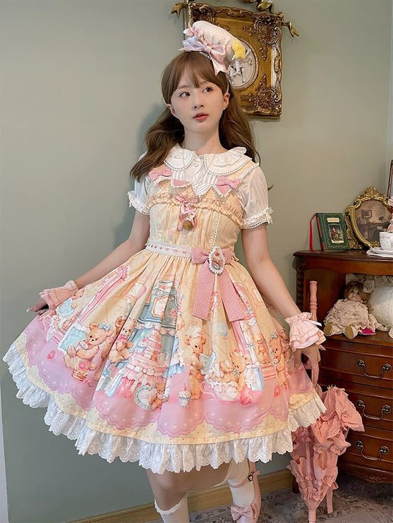 Teddy Bear's Cream Party Sweet Lolita JSK with Lace and Ribbon Accents