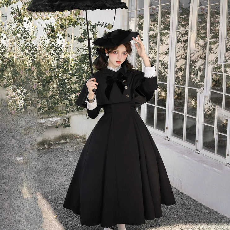 Elegant Victorian - inspired Black Dress with Bowknot and Flared Skirt