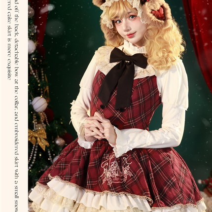 Chestnut Bear Cocoa Lolita Christmas Plaid Cloak JSK — Winter Vibe
