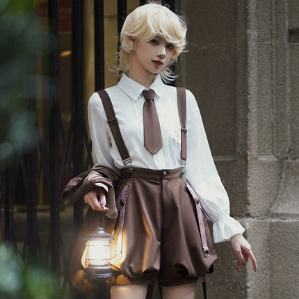 Detective Lolita Prince Set – Brown Vest with Suspender Shorts and Ruffled Blouse