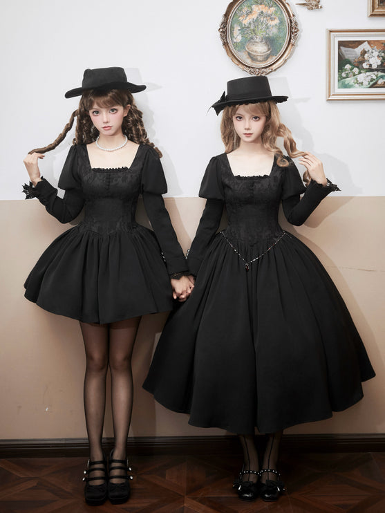 Black & Cream Whimsical Lolita Dress – Multi-Tiered Lace Skirt