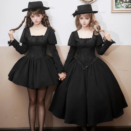 Black & Cream Whimsical Lolita Dress – Adjustable Bows & Multi-Tiered Lace Skirt