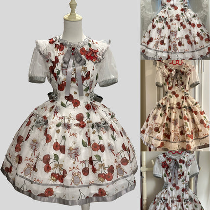 S-2XL Cherry Blossom Delight Lolita Dress – Sweet Vintage Print JSK/OP in Black, Red, Gray & White