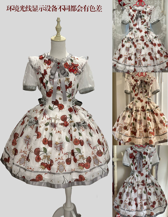 S-2XL Cherry Blossom Delight Lolita Dress – Sweet Vintage Print JSK/OP in Black, Red, Gray & White