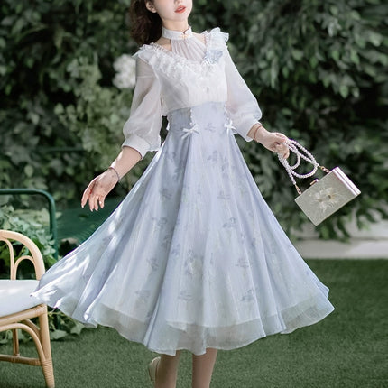 Lolita Fairy Dress! Lace Puff Sleeves + Light Blue Floral Maxi Skirt, Spring Garden Date Outfit