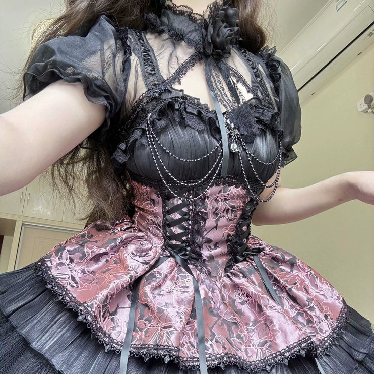 Dark Gothic JSK Lolita Dress with Baroque Lace and Embroidered Corset