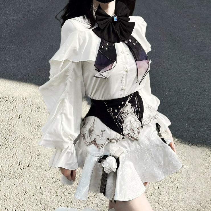 White Gothic-style dress set: court-inspired top and mermaid skirt with waist belt