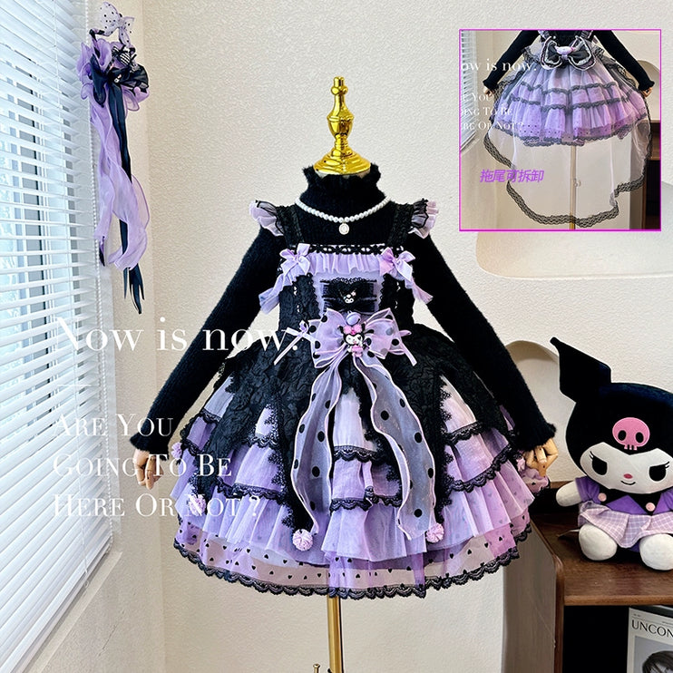 Elegant Black and Purple Lolita Dress for Girls - Intricate Lace and Ruffled Skirt