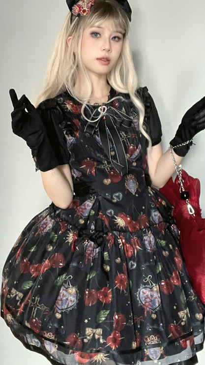 S-2XL Cherry Blossom Delight Lolita Dress – Sweet Vintage Print JSK/OP in Black, Red, Gray & White