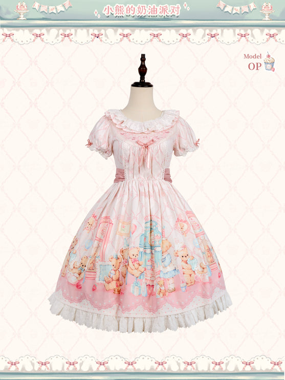 Teddy Bear's Cream Party Sweet Lolita JSK with Lace and Ribbon Accents