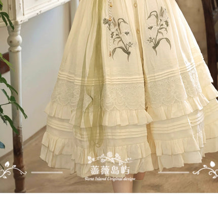 Vintage - style Green and White Layered Lolita Dress with Floral Embroidery