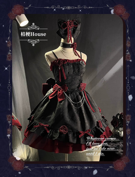 Gothic Rose Witch Lolita Dress - Dark Elegance JSK with Chain and Velvet Bow Accents