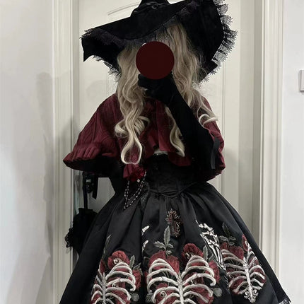 S-XL Skeleton Fishbone Skirt JSK Embroidered Beaded Dark Mysterious Dress Lolita Gown