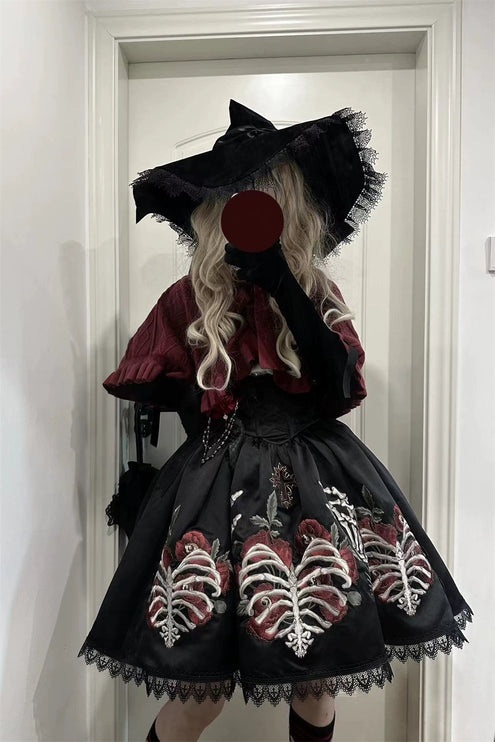 S-XL Skeleton Fishbone Skirt JSK Embroidered Beaded Dark Mysterious Dress Lolita Gown