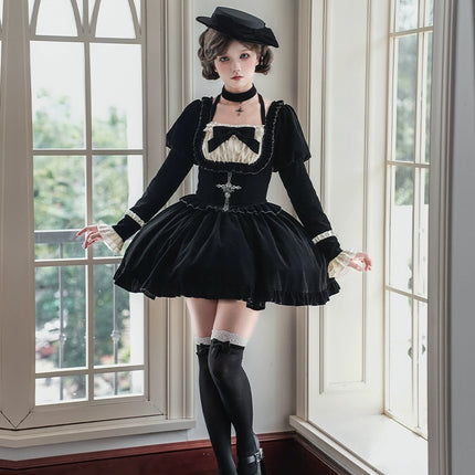 Square Neck Waist Boned Velvet OP Lolita (Gemini Winter Collection)