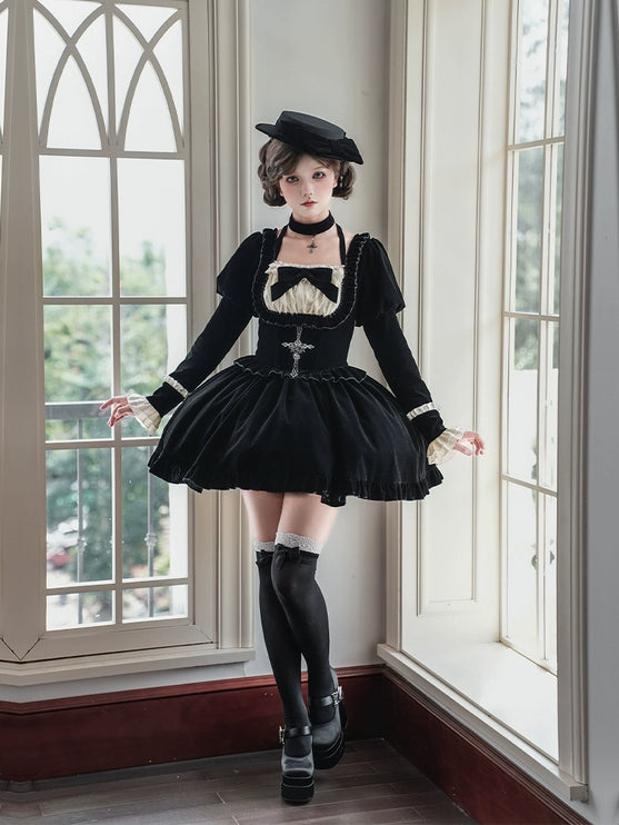 Square Neck Waist Boned Velvet OP Lolita (Gemini Winter Collection)