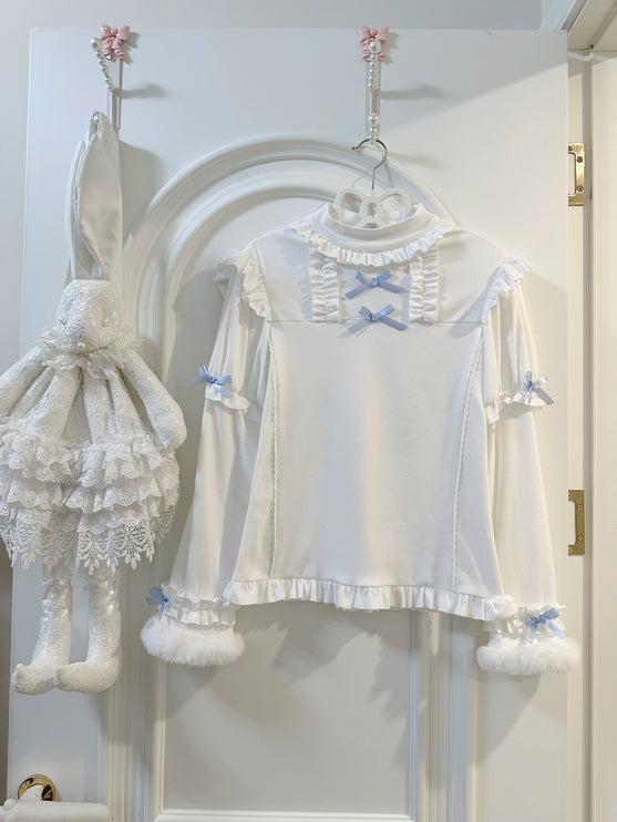 Lolita Dress with Adorable Bear Prints, Blue - toned Ribbons and Fluffy Trim, Comes with Matching Headpiece